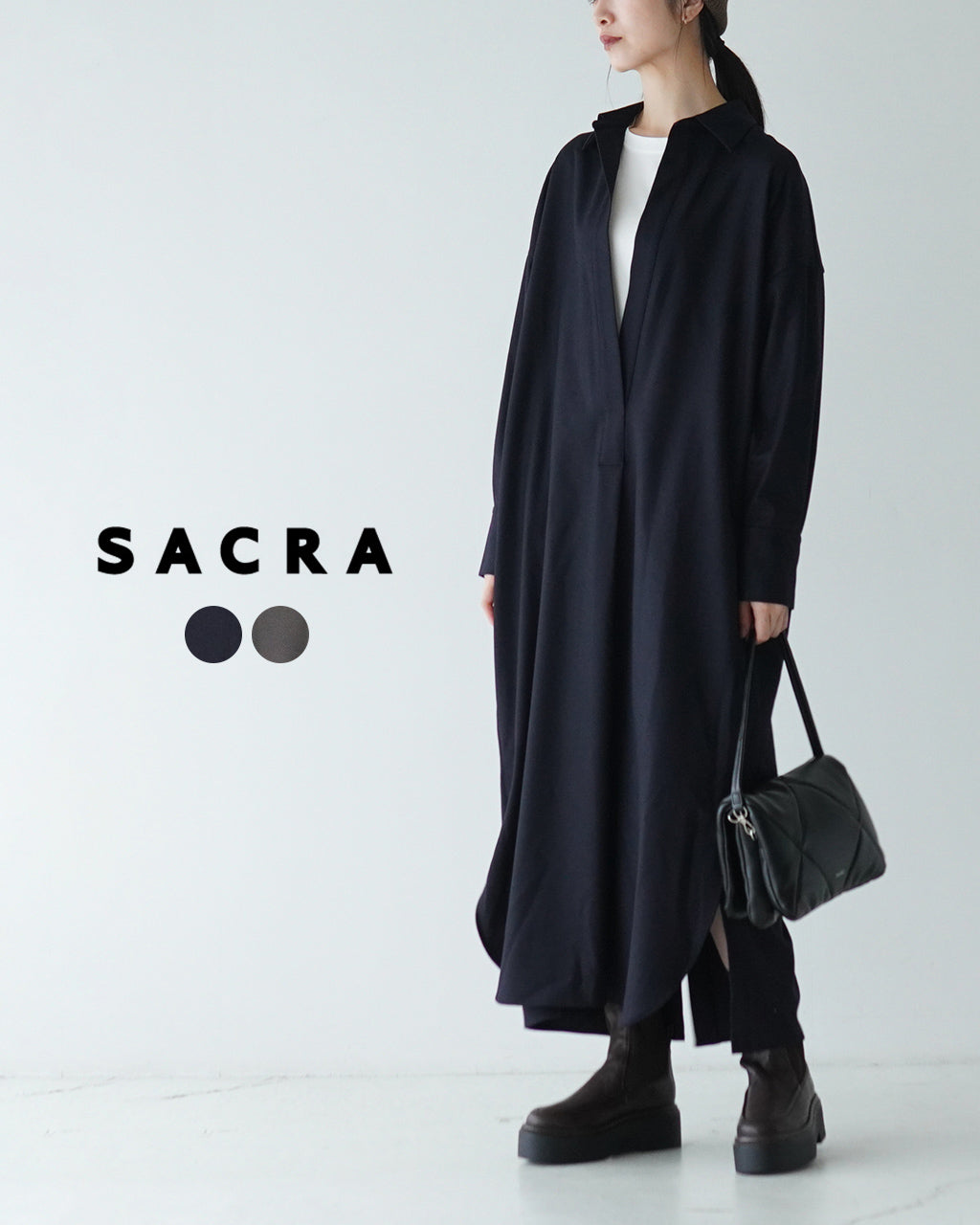 SACRA サクラ カシミヤ ロイヤル フラノ ワンピース CASHMERE ROYAL FLANO OP スキッパー シャツ ロングワンピ