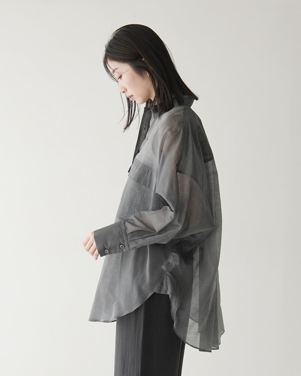【SALE!20%OFF】プレミアム コットンシルク シャツ PREMIUM SILK COTTON SHIRT シアー ドルマンスリーブ ラウンドヘム 125116071