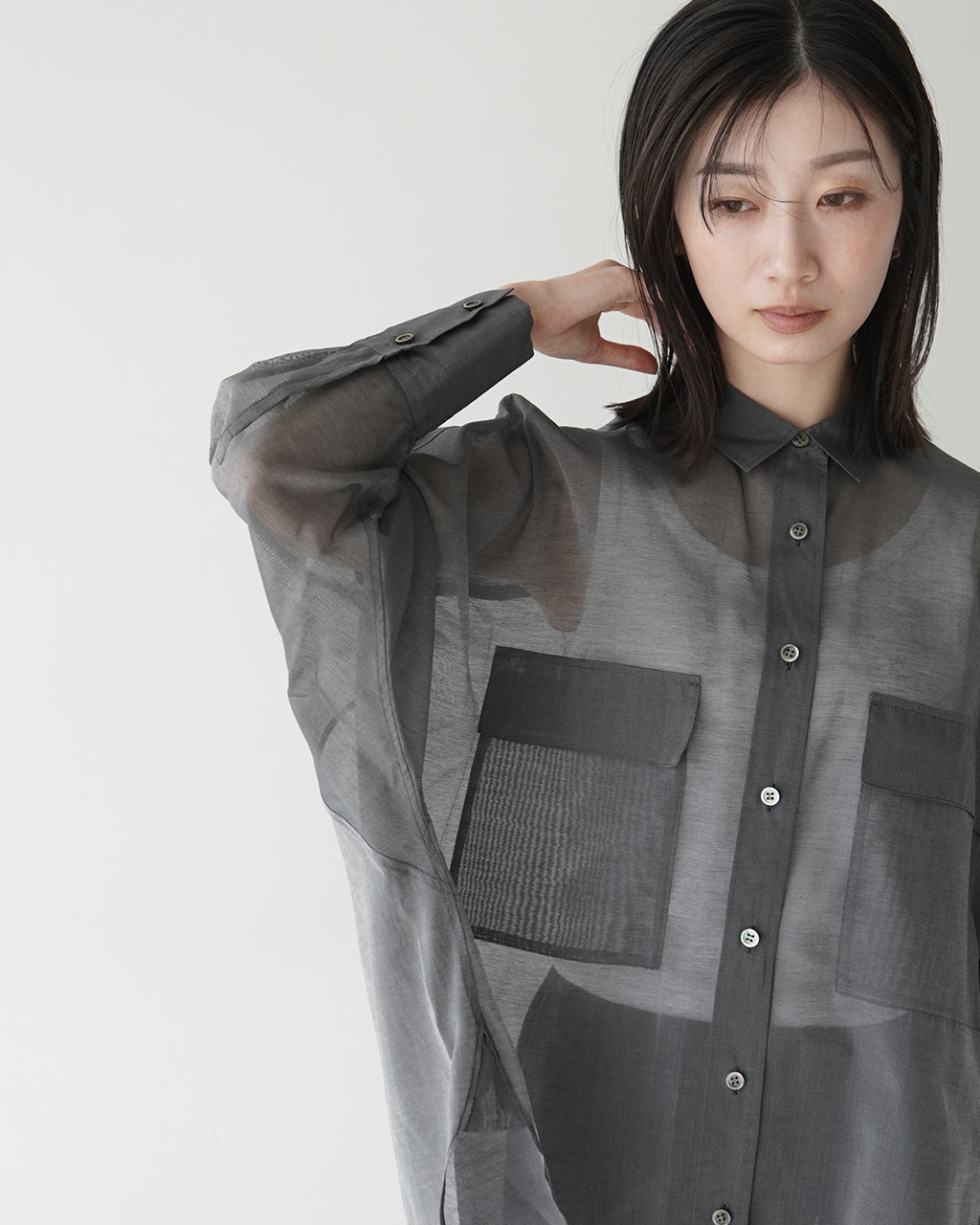 【SALE!20%OFF】プレミアム コットンシルク シャツ PREMIUM SILK COTTON SHIRT シアー ドルマンスリーブ ラウンドヘム 125116071