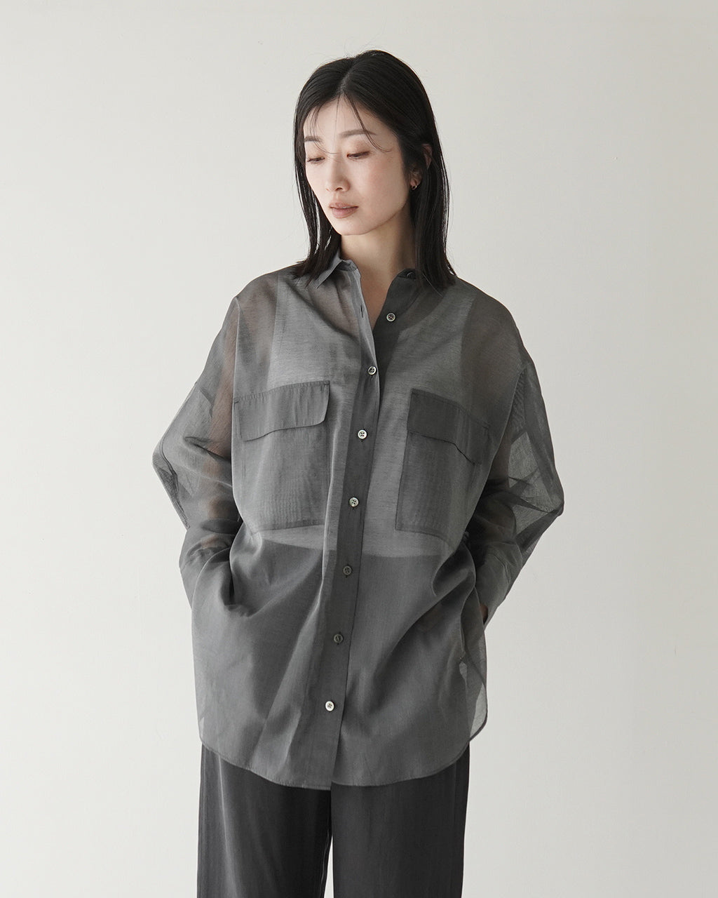 【SALE!20%OFF】プレミアム コットンシルク シャツ PREMIUM SILK COTTON SHIRT シアー ドルマンスリーブ ラウンドヘム 125116071