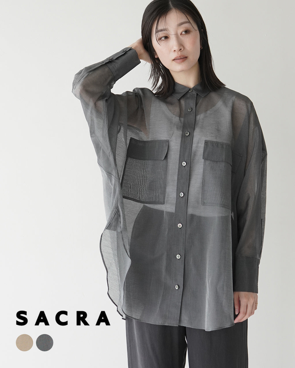 【SALE!20%OFF】プレミアム コットンシルク シャツ PREMIUM SILK COTTON SHIRT シアー ドルマンスリーブ ラウンドヘム 125116071