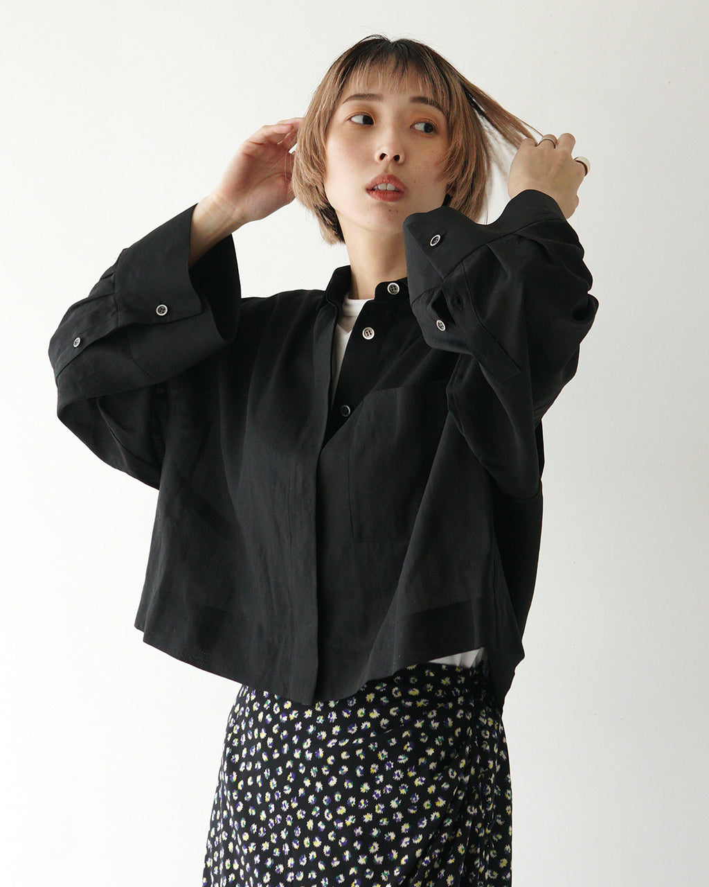 【SALE!30%OFF】サクラ クロップド丈 シャツ SHRINK GABARDINE CROPPED SHIRT シュリンク ギャバジン ワイドスリーブ 125117071