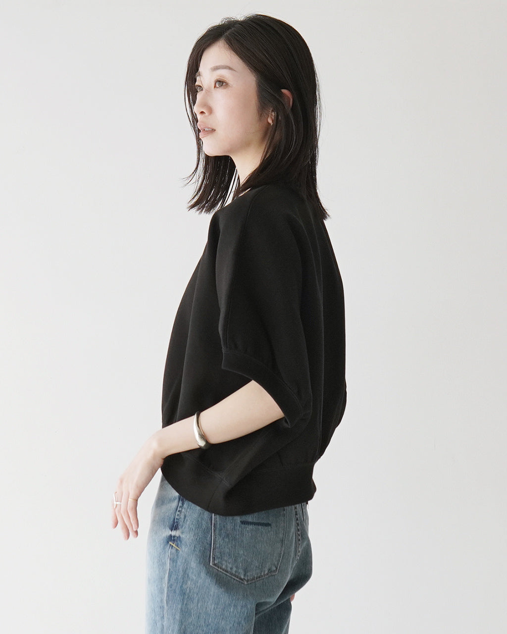 【SALE!20%OFF】カットソー 半袖 クロップド丈 DOUBLE KNITTED CLOTH TOP クルーネック ギャザースリーブ ショート丈 125144091