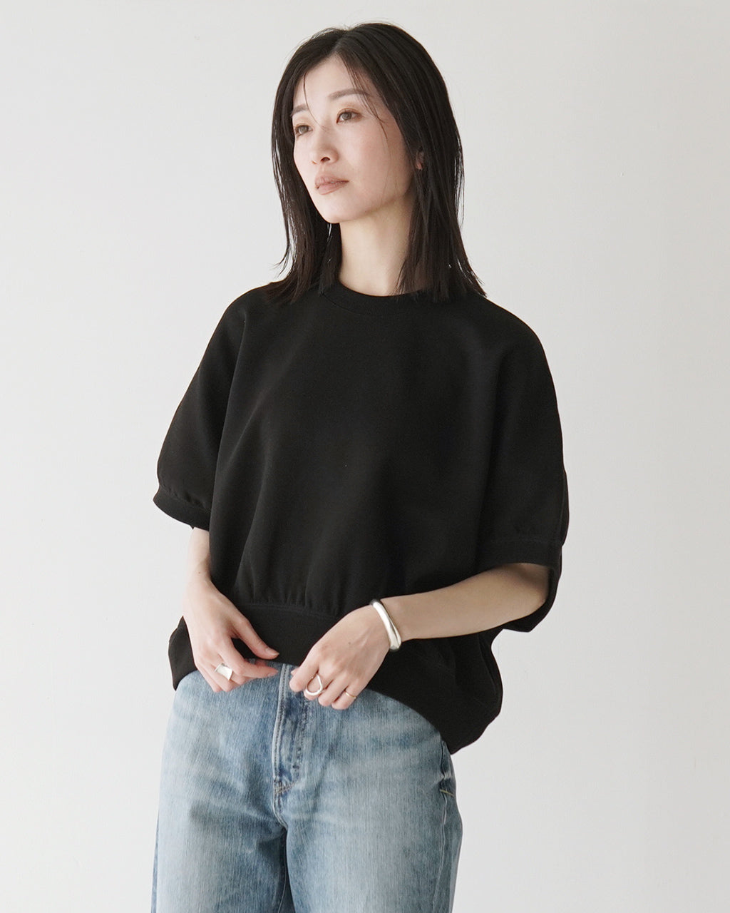 【SALE!20%OFF】カットソー 半袖 クロップド丈 DOUBLE KNITTED CLOTH TOP クルーネック ギャザースリーブ ショート丈 125144091