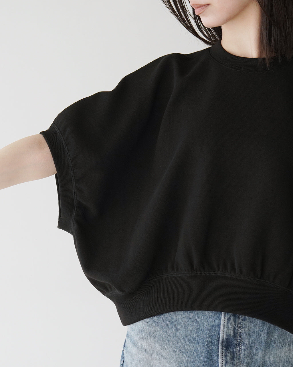 【SALE!20%OFF】カットソー 半袖 クロップド丈 DOUBLE KNITTED CLOTH TOP クルーネック ギャザースリーブ ショート丈 125144091