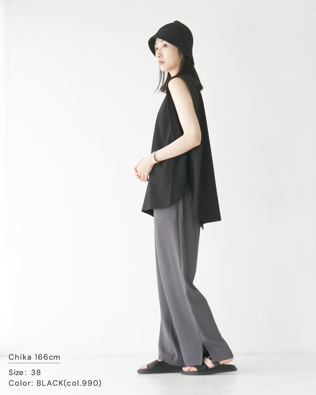 【SALE!30%OFF】ノースリーブ Tシャツ VINTAGE H.GRADE COTTON TOP コットン クルーネック スリット ラウンドヘム 125246091 体型カバー ドライタッチ 洗練シルエット