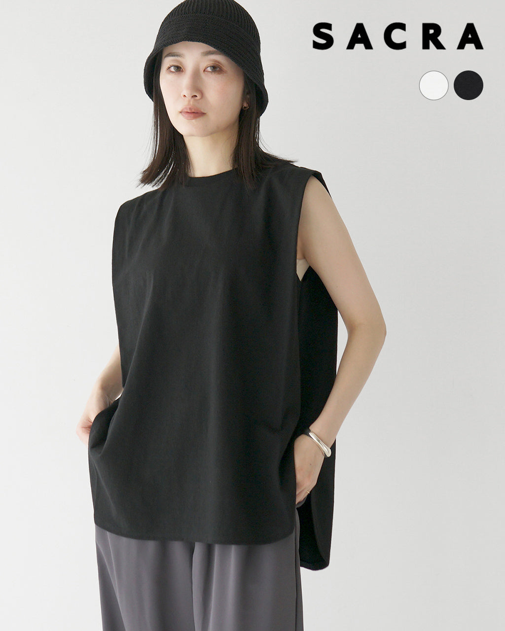 【SALE!30%OFF】ノースリーブ Tシャツ VINTAGE H.GRADE COTTON TOP コットン クルーネック スリット ラウンドヘム 125246091 体型カバー ドライタッチ 洗練シルエット