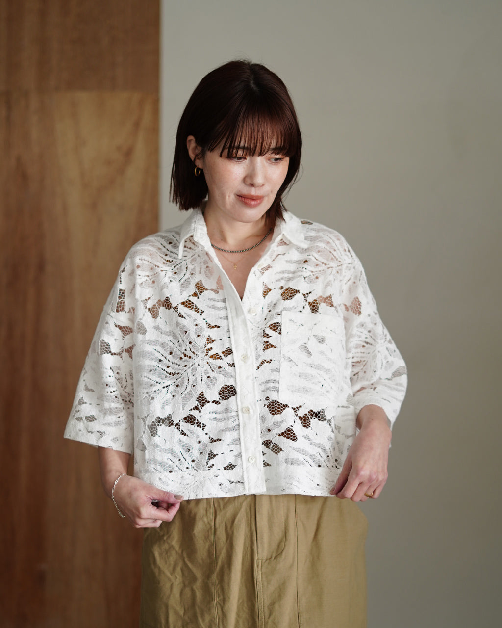 LEAF RASCHEL LACE CROPPED SHIRT 126113071