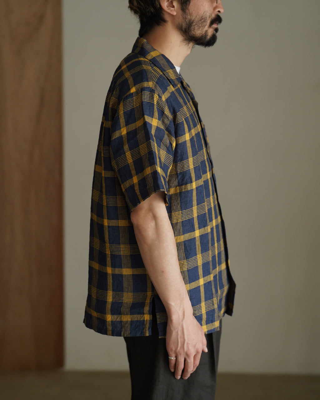 SEUVAS LINEN OPEN COLLAR SHIRT SV-SH-032 リネン チェック オープンカラーシャツ 半袖 ネイビー|Crouka(クローカ)