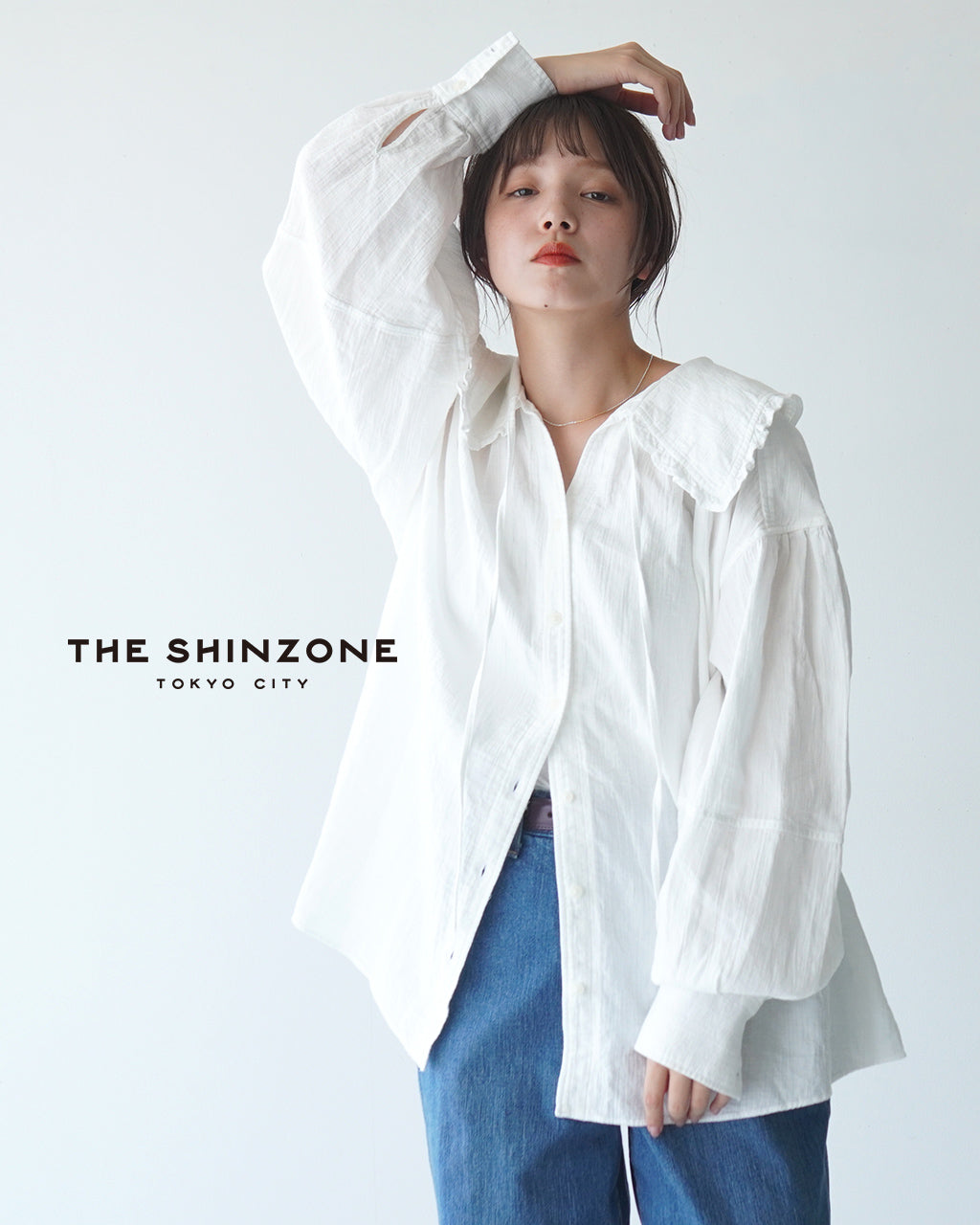 THE SHINZONE 신존 오가닉 코튼 거즈 블라우스 ORGANIC COTTON GAUZE BLOUSE 라운드 컬러 셔츠 빅 컬러 퍼프 슬리브 24 AMSBL01【무료우송】