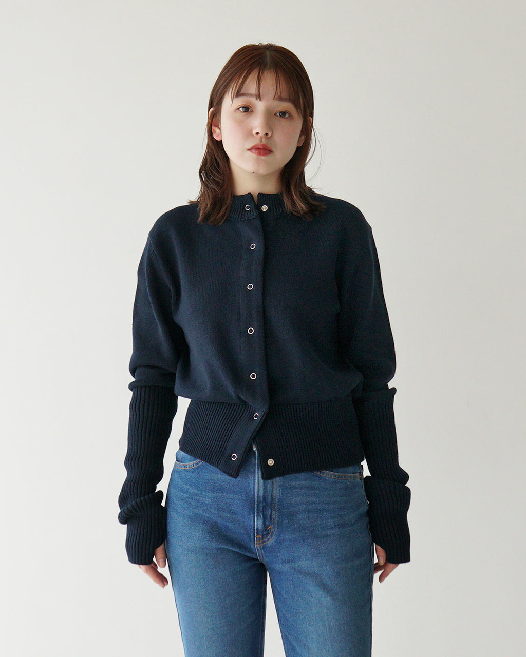 THE SHINZONE 신존 코튼 롱 그리브 가디건 COTTON LONG RIB CARDIGAN 핑거 홀 첨부 쇼트 길이 25SMSNI01【무료우송】