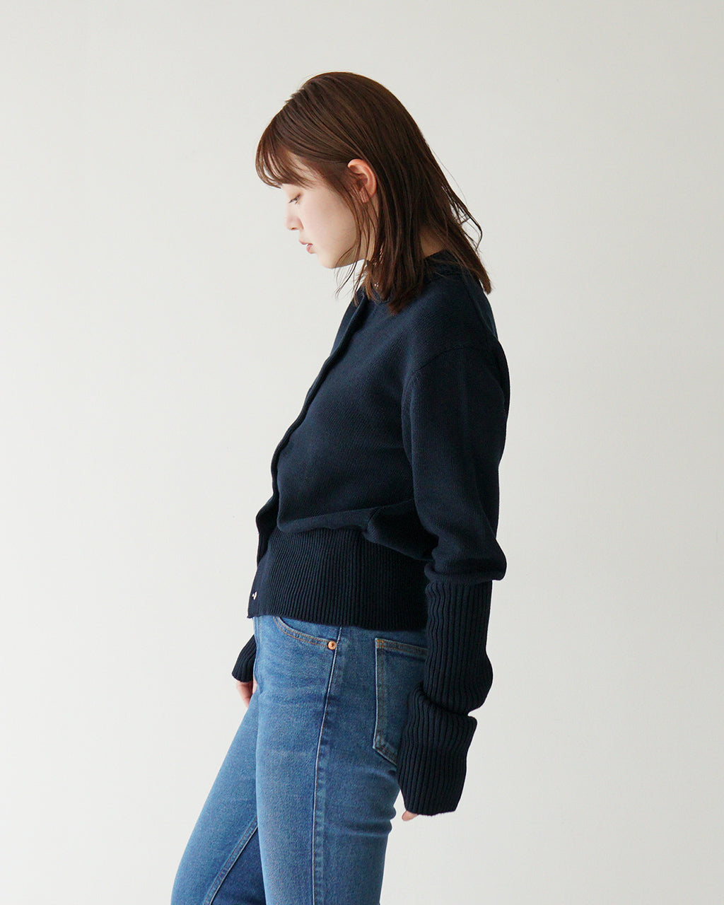 THE SHINZONE 신존 코튼 롱 그리브 가디건 COTTON LONG RIB CARDIGAN 핑거 홀 첨부 쇼트 길이 25SMSNI01【무료우송】