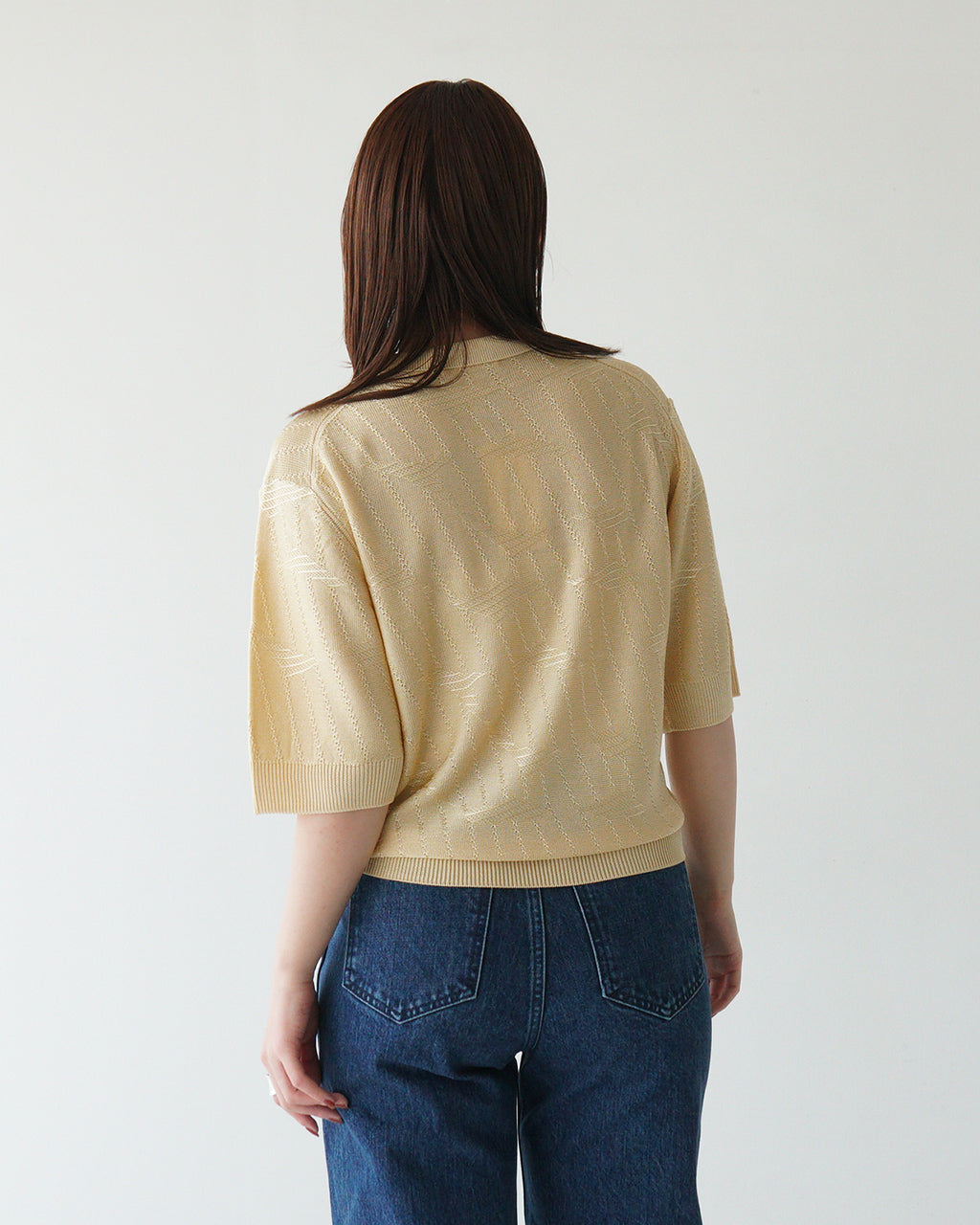 【SALE!40%OFF】襟付きニット BRIGHT LACE KNIT POLO ブライト レース ニットポロ フレンチヴィンテージ 光沢レーヨン ガラ編み 涙あきデザイン 25SMSNI05