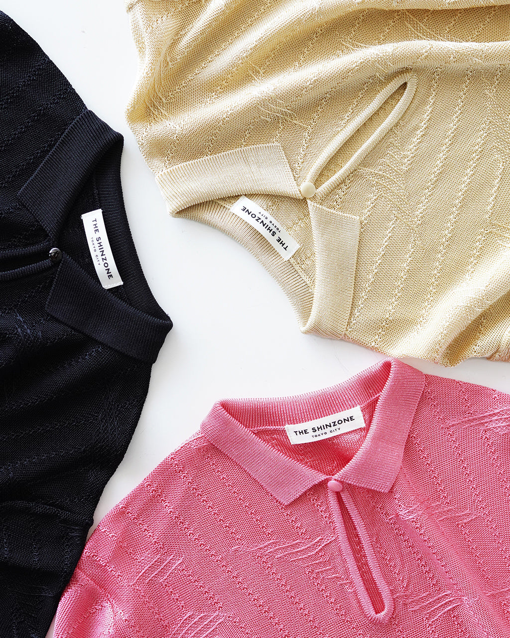 【SALE!40%OFF】襟付きニット BRIGHT LACE KNIT POLO ブライト レース ニットポロ フレンチヴィンテージ 光沢レーヨン ガラ編み 涙あきデザイン 25SMSNI05