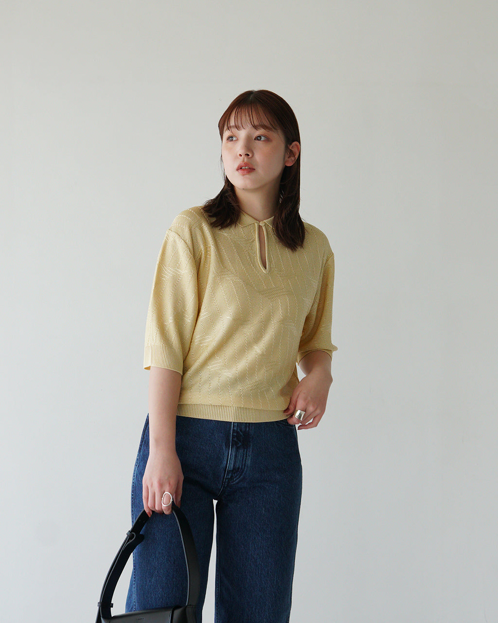 【SALE!40%OFF】襟付きニット BRIGHT LACE KNIT POLO ブライト レース ニットポロ フレンチヴィンテージ 光沢レーヨン ガラ編み 涙あきデザイン 25SMSNI05