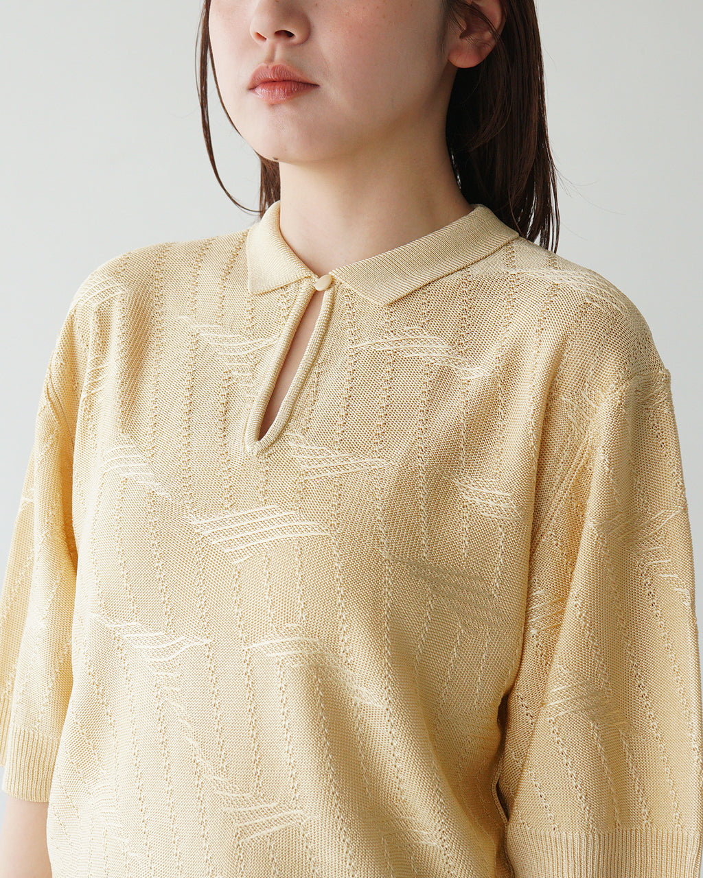 【SALE!40%OFF】襟付きニット BRIGHT LACE KNIT POLO ブライト レース ニットポロ フレンチヴィンテージ 光沢レーヨン ガラ編み 涙あきデザイン 25SMSNI05