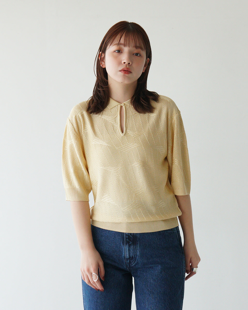 【SALE!40%OFF】襟付きニット BRIGHT LACE KNIT POLO ブライト レース ニットポロ フレンチヴィンテージ 光沢レーヨン ガラ編み 涙あきデザイン 25SMSNI05