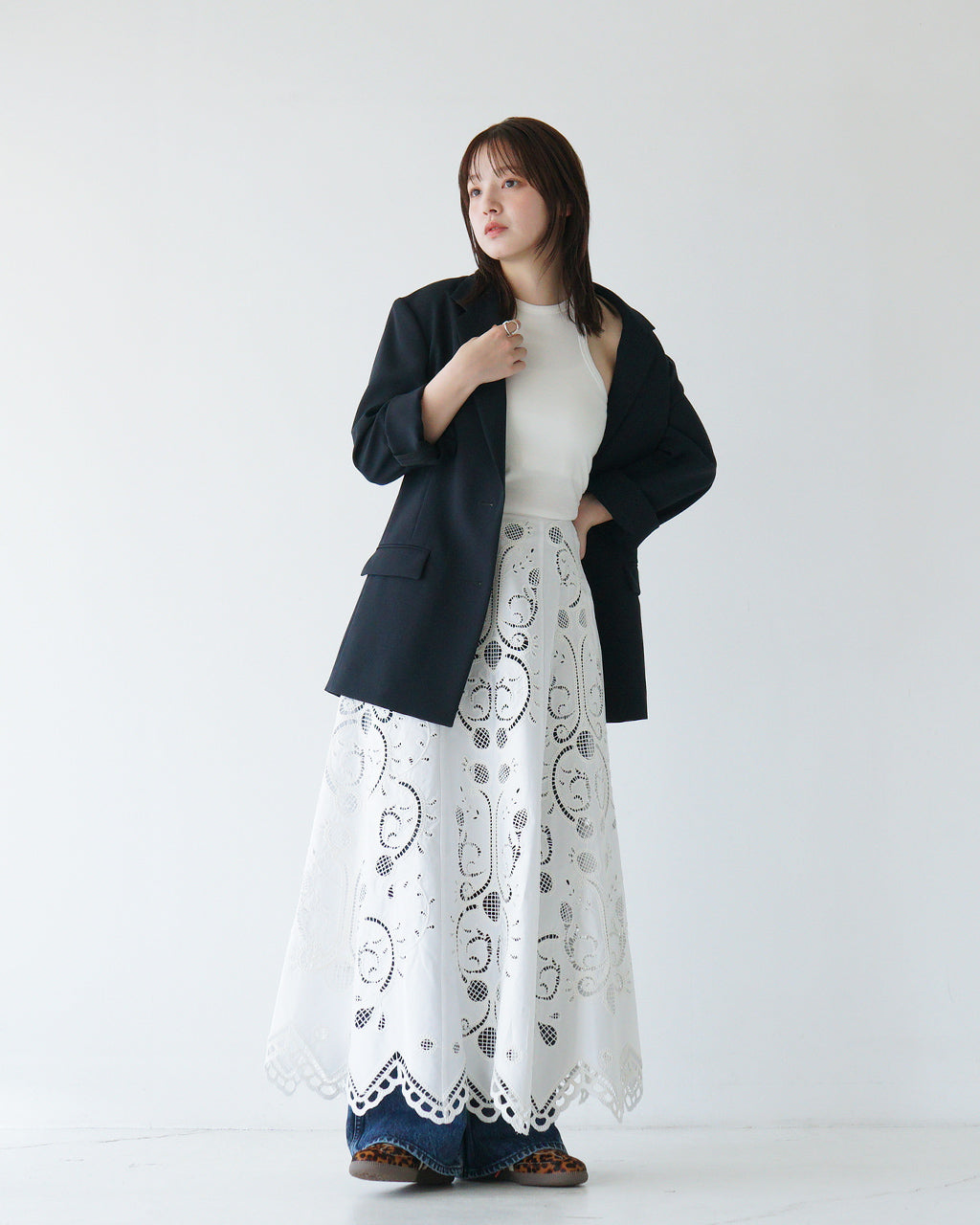 【SALE!40%OFF】刺繍レーススカート ロングスカート EMBROIDERY LACE SKIRT 25SMSSK02 フレアロング ペチコート付き