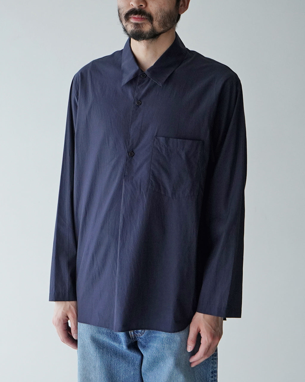 【SALE!40%OFF】キュプラ コットン プルオーバーシャツ Cupro mixed pullover shirt レギュラーカラー 長袖 SH05251