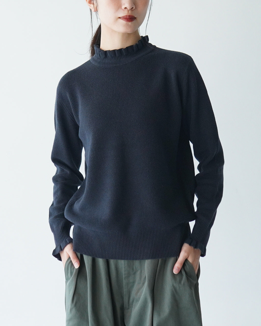 【SALE!20%OFF】tumugu ツムグ ランダムリブニット フリル ハイネック セーター TK19303b