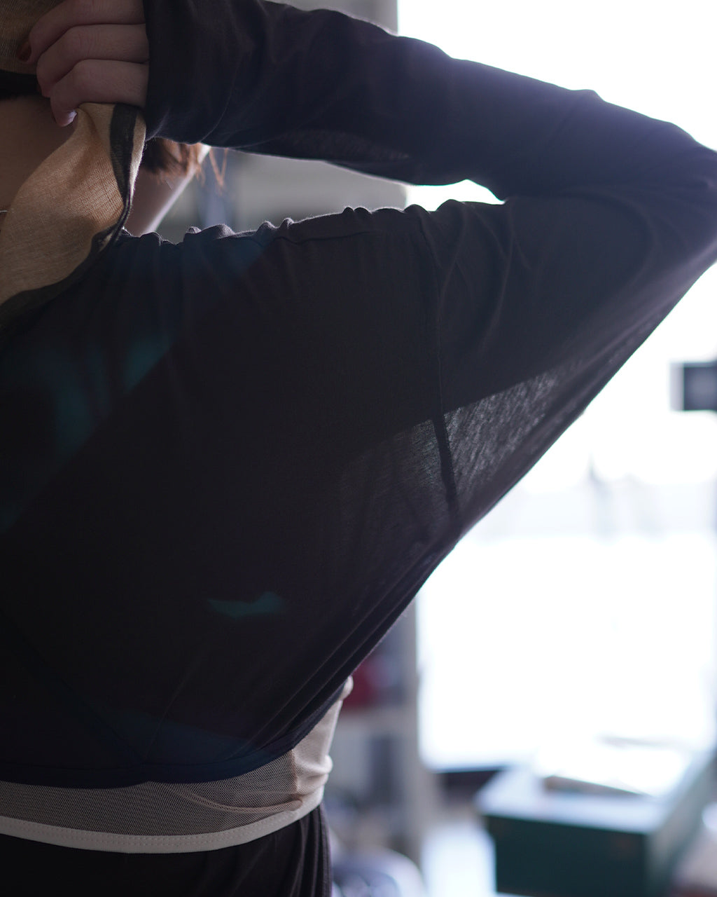 twisted cotton sheer jersey long sleeve Tee WXSP-UW121