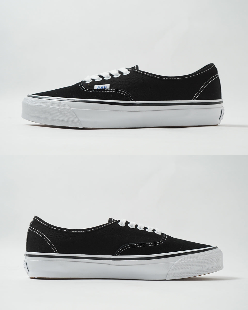 ブラックキャンバス地のVANS LX Authentic Reissueの横からのシルエット。白いシューレースと白ソール、黒のアッパーに白ステッチが映えるデザイン。おだやかな光沢のあるボーダーラインがアクセント。