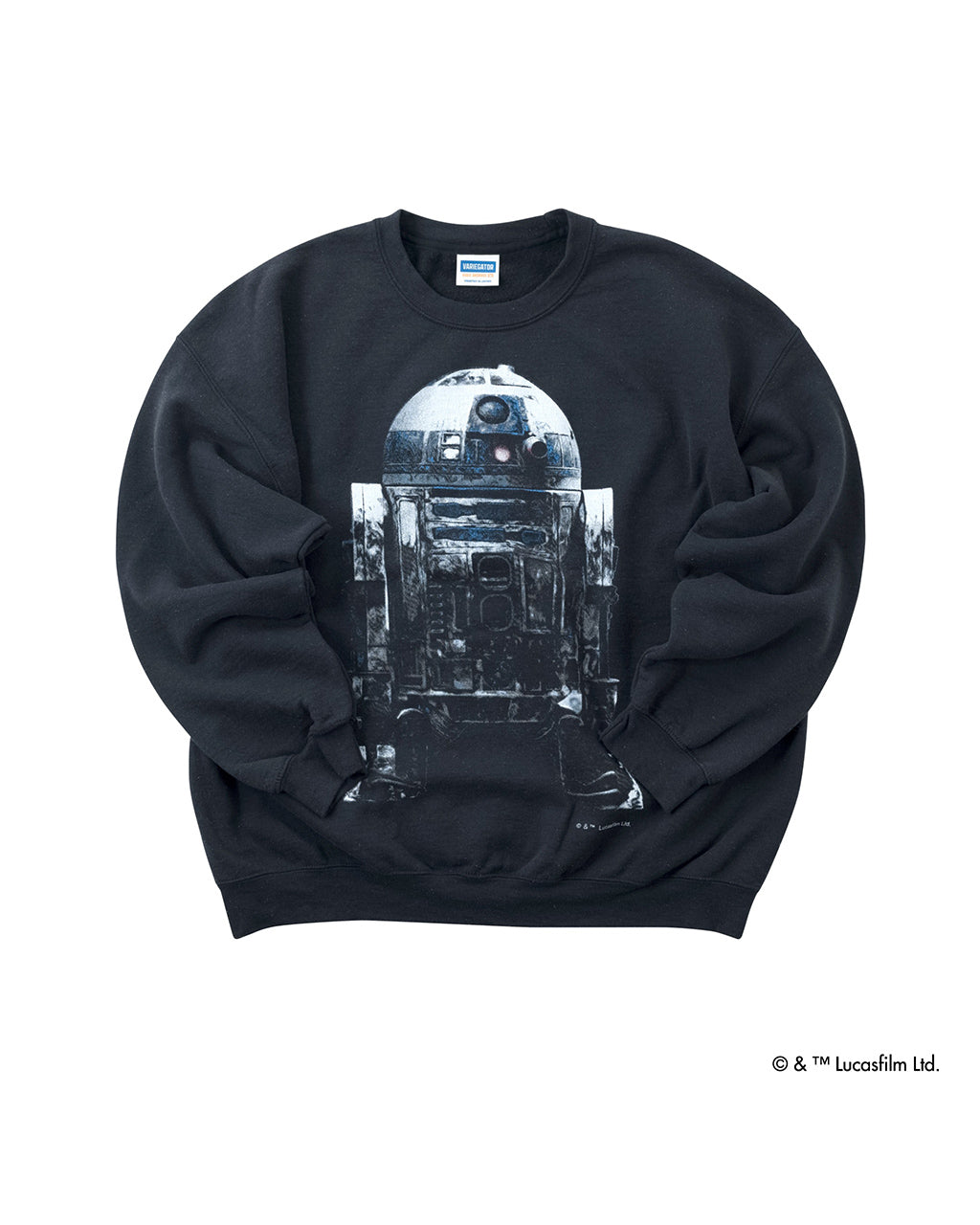 STAR WARSのR2-D2プリントを大胆に配した黒の裏起毛スウェット。前面に大きくR2-D2のデザイン、ヴィンテージ感のあるクラックプリントが特徴です。