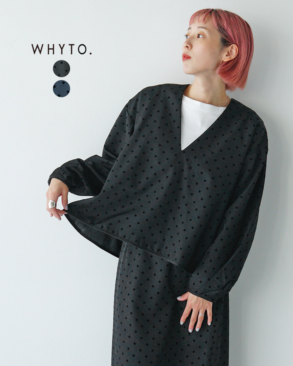 WHYTO. ホワイト ドットブラウス slit neck dot blouse スリットネック ボリューム袖 WHT24FBL4052【送