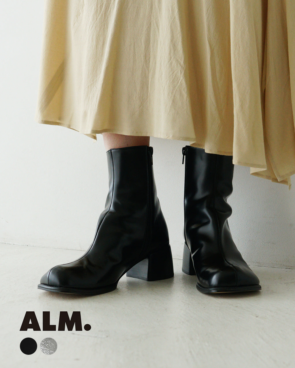 【アウトレット！30%OFF】ALM. アルム アデラ レザー ブーツ ADELA LEATHER BOOTS スクエアトゥ チャンキーヒール ショートブーツ サイドジップ AL063【送料無料】