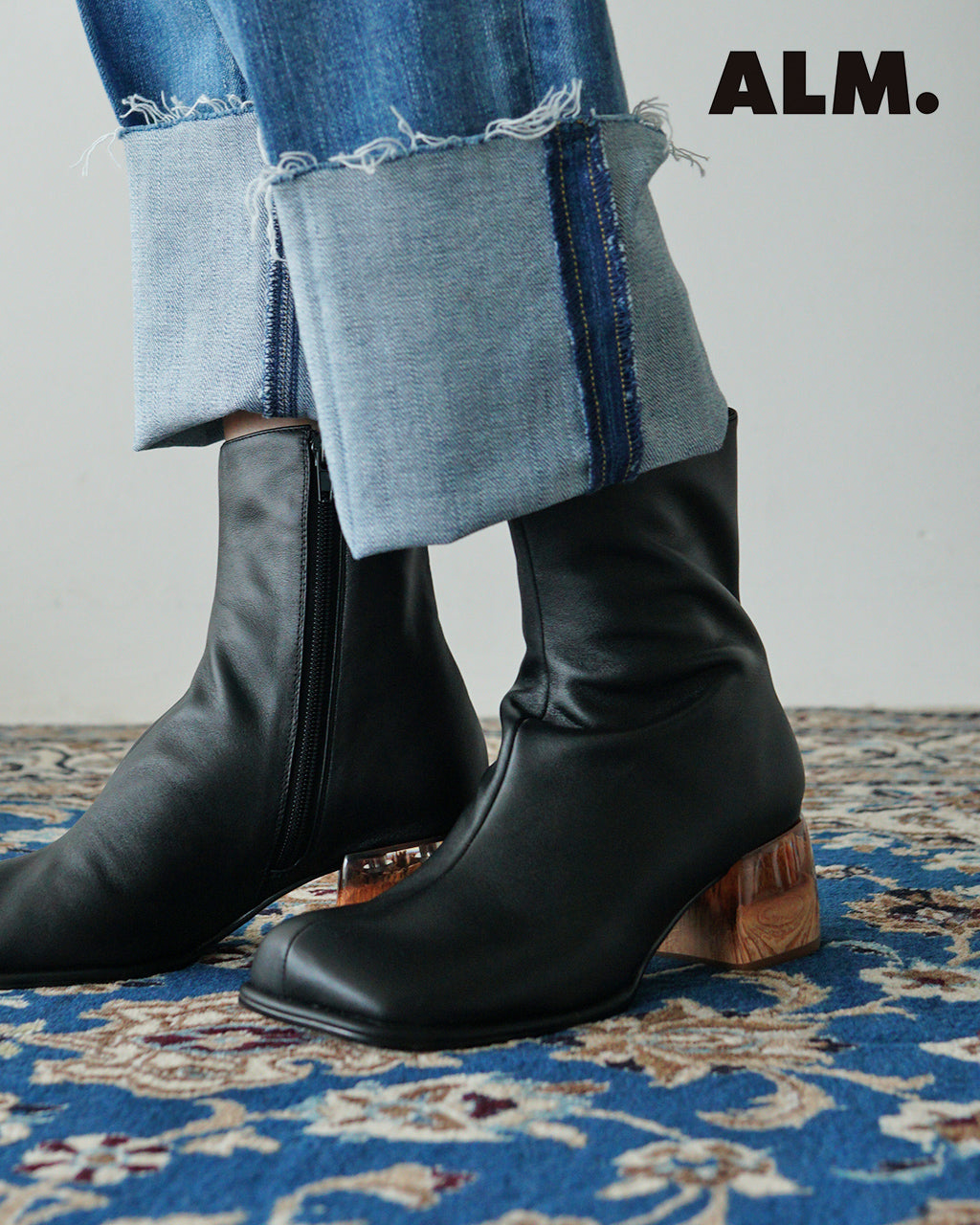 【SALE！30%OFF】ALM. アルム アデラ レザー ブーツ ADELA LEATHER BOOTS スクエアトゥ チャンキーヒール クリアヒール ショートブーツ サイドジップ AL063B【送料無料】