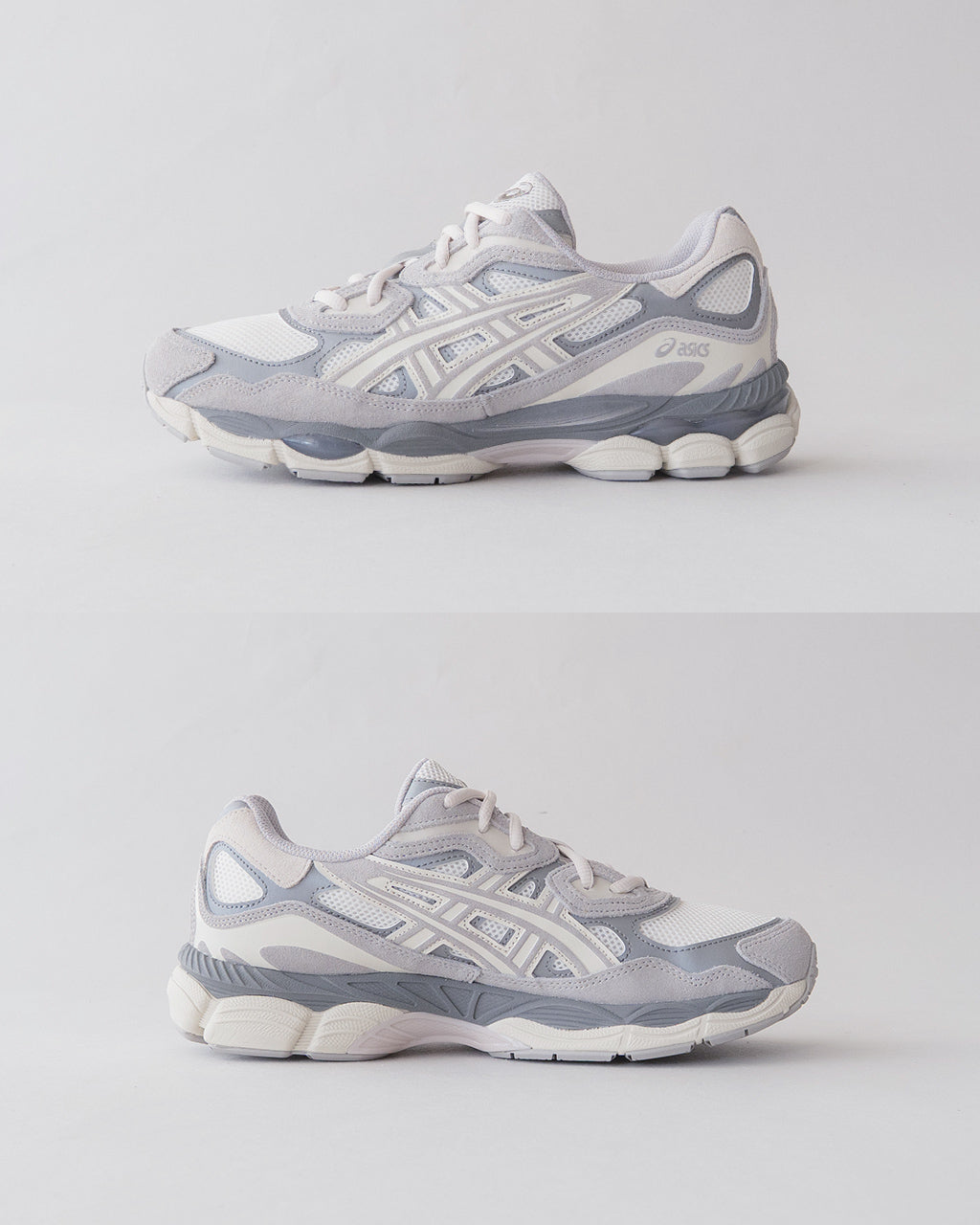 ASICS GEL-NYCのグレー系スニーカー。立体的なアッパーと白グレーの配色、横から見たスタンスのあるデザインが特徴。