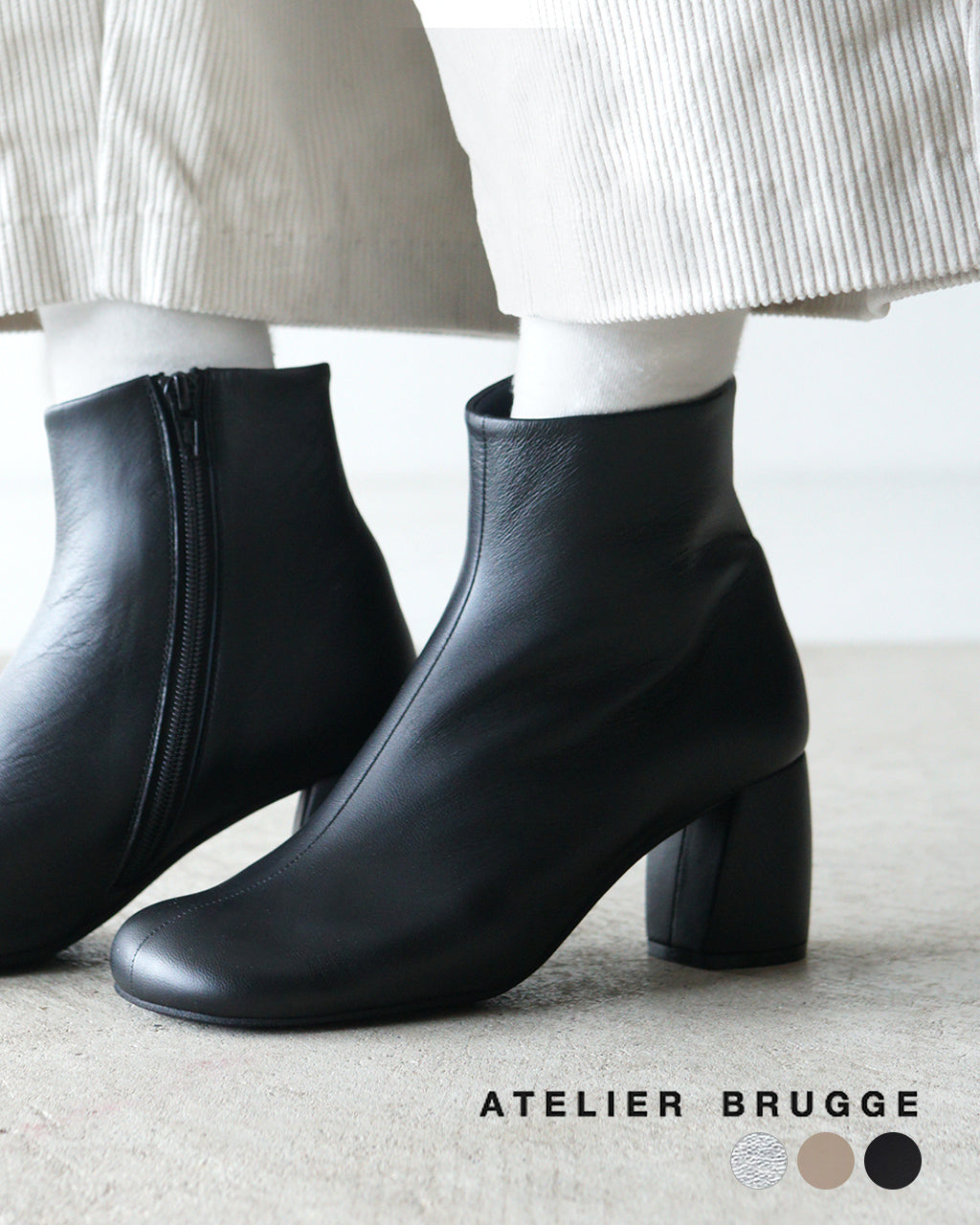 【SALE！50%OFF】ATELIER BRUGGE アトリエブルージュ オブリーク ショートブーツ OBLIQUE SHORT BOOTS レザー オブリークトゥ スクエアトゥ チャンキーヒール サイドジップ 24PS-34 【送料無料】