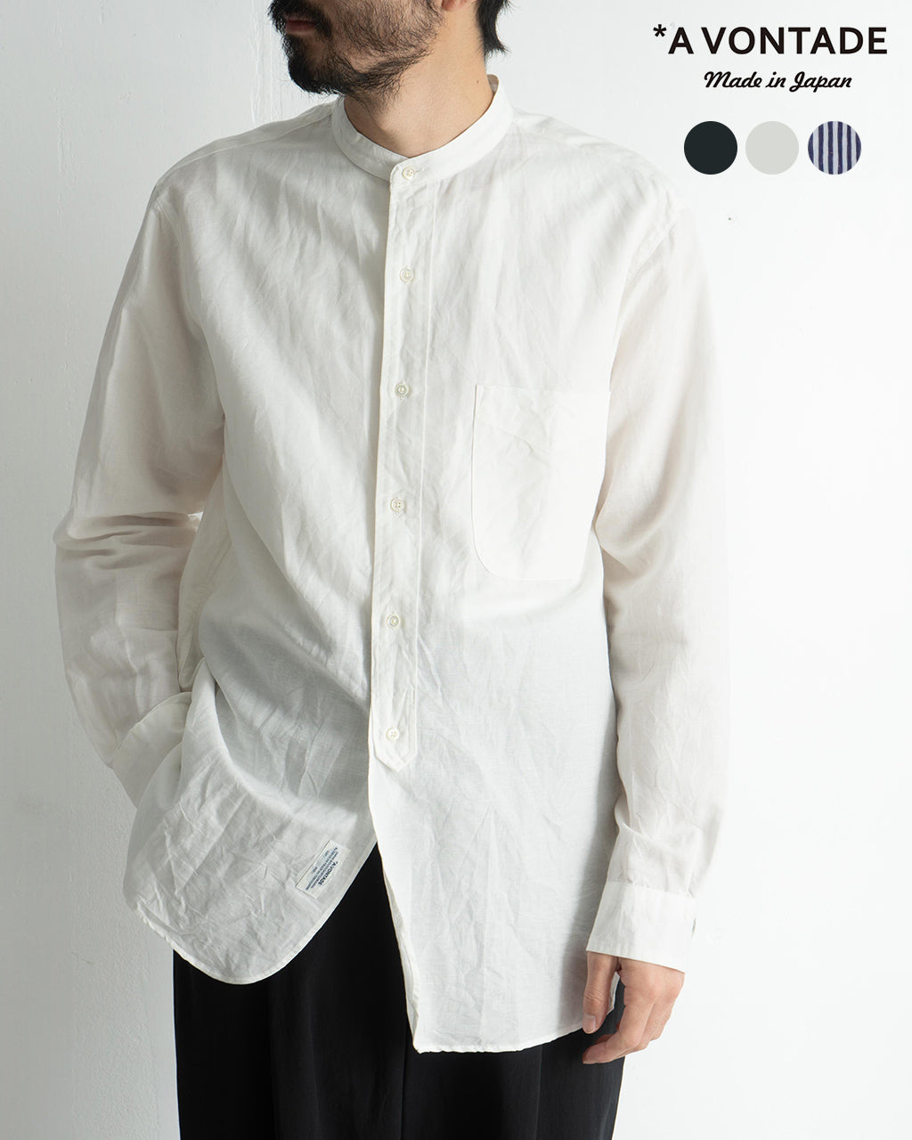 ＼早得24時間限定ポイント10倍／A VONTADE アボンタージ バンドカラー シャツ Banded Collar Shirts スタンドカラー ストライプ ワイドシルエット トップス VTD-0361-SH【送料無料】