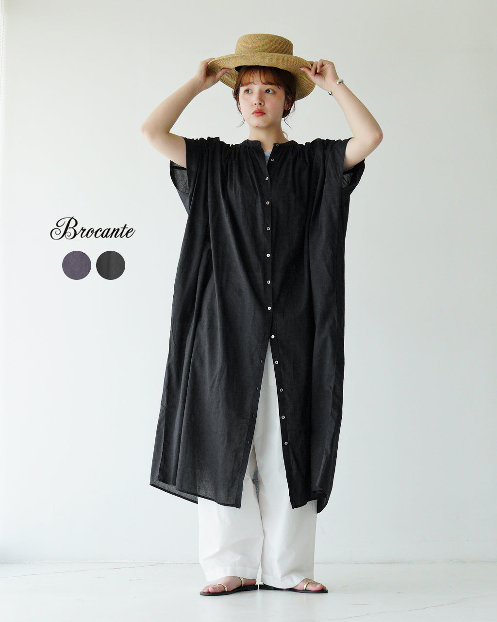 Brocante ブロカント フロンセワンピース  インドボイル ギャザー 半袖 羽織り 37-269X【クーポン対象外】【送料無料】