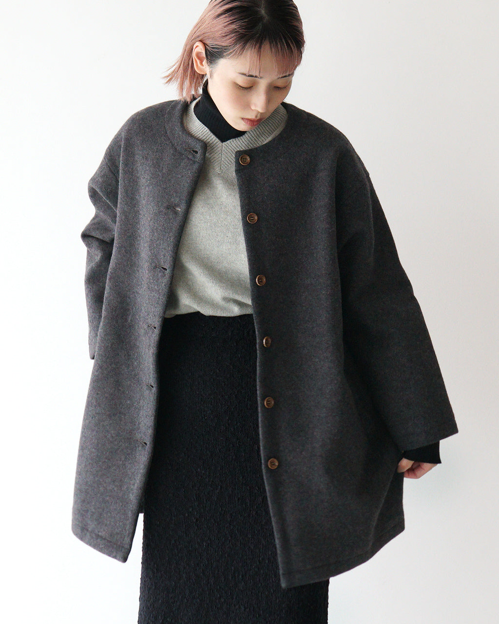 Commencement コメンスメント ウール コート wool Coat コクーンシルエット ノーカラー C-100 【送料無料】