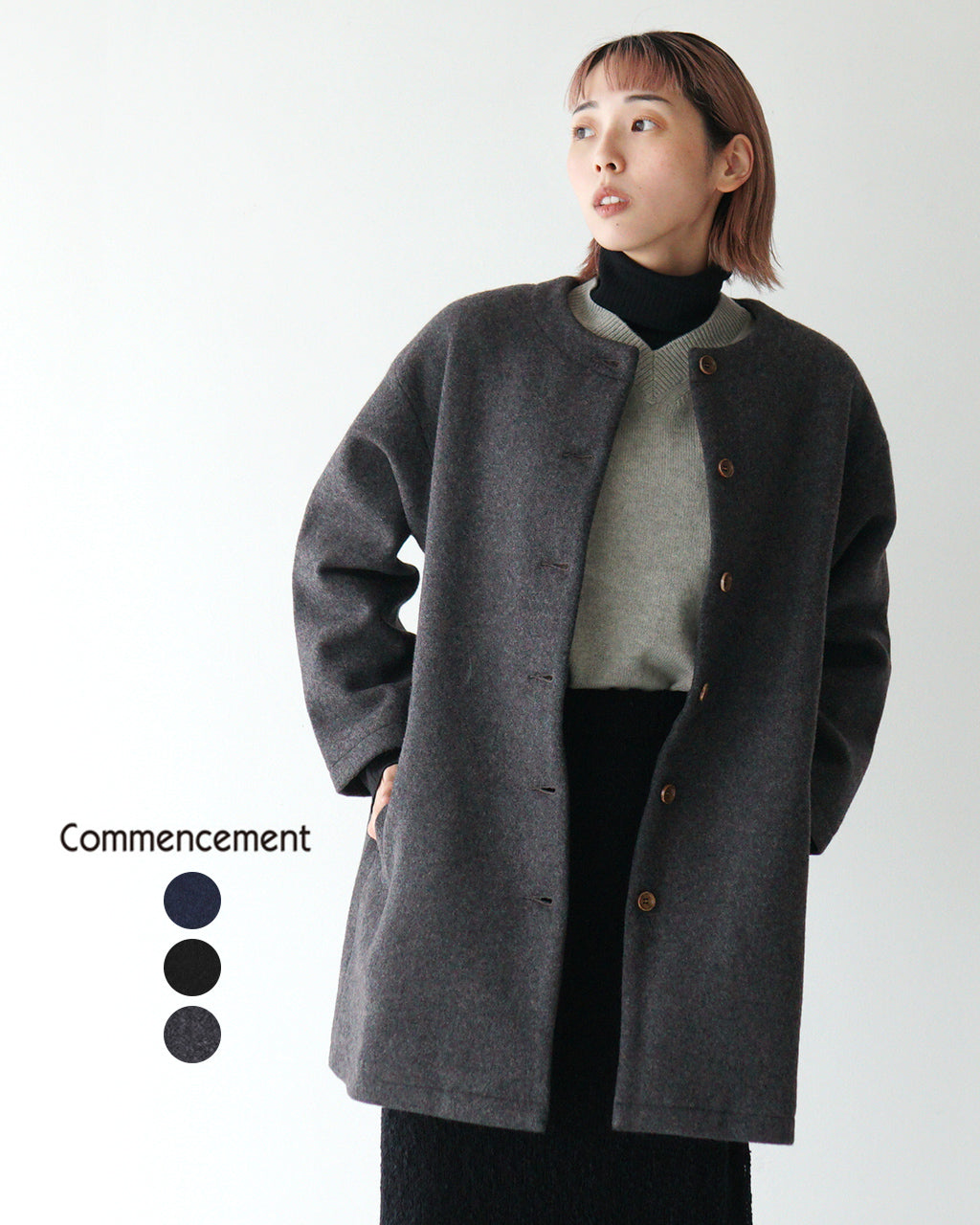 Commencement コメンスメント ウール コート wool Coat コクーンシルエット ノーカラー C-100 【送料無料】