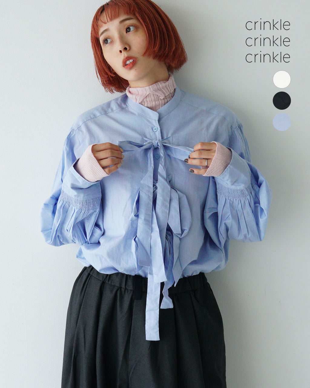 crinkle crinkle crinkle クリンクル クリンクル クリンクル リボンブラウス ギャザー シャツ RIBBON BLOUSE CC-3015【送料無料】