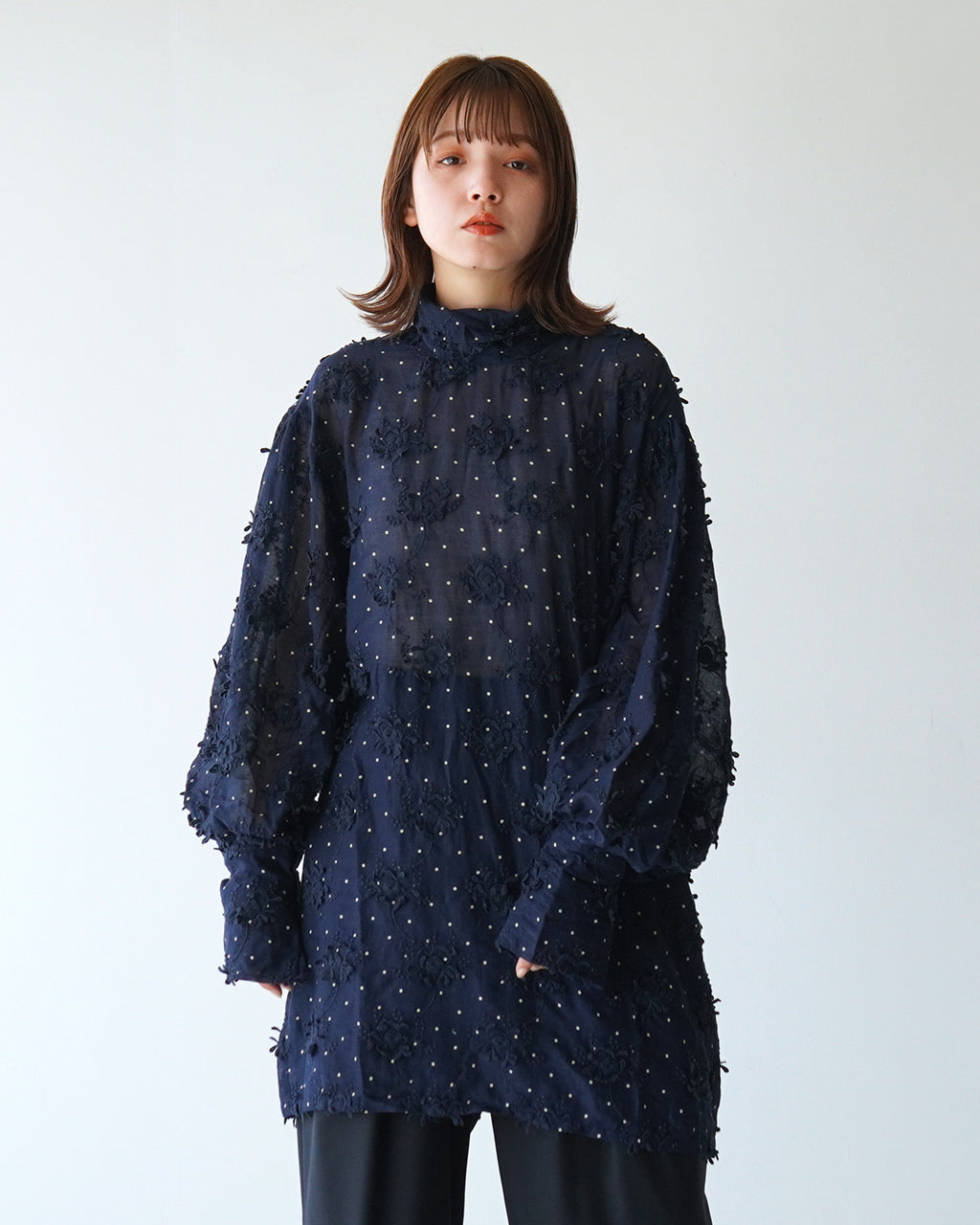 【SALE！40%OFF】crinkle crinkle crinkle クリンクル クリンクル クリンクル ブラウス ドット柄 刺繍 花柄 3D EMBROIDERY DOT LONG BLOUSE CC-3024【送料無料】