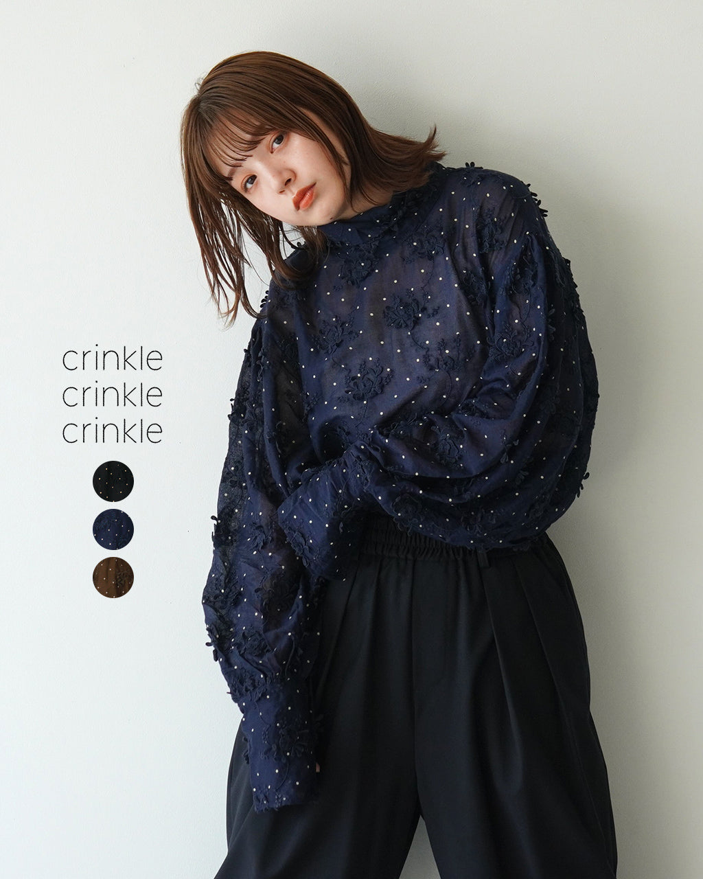 ＼合計3万円以上購入で20%OFFクーポン！／crinkle crinkle crinkle クリンクル クリンクル クリンクル ブラウス ドット柄 刺繍 花柄 3D EMBROIDERY DOT LONG BLOUSE CC-3024【送料無料】