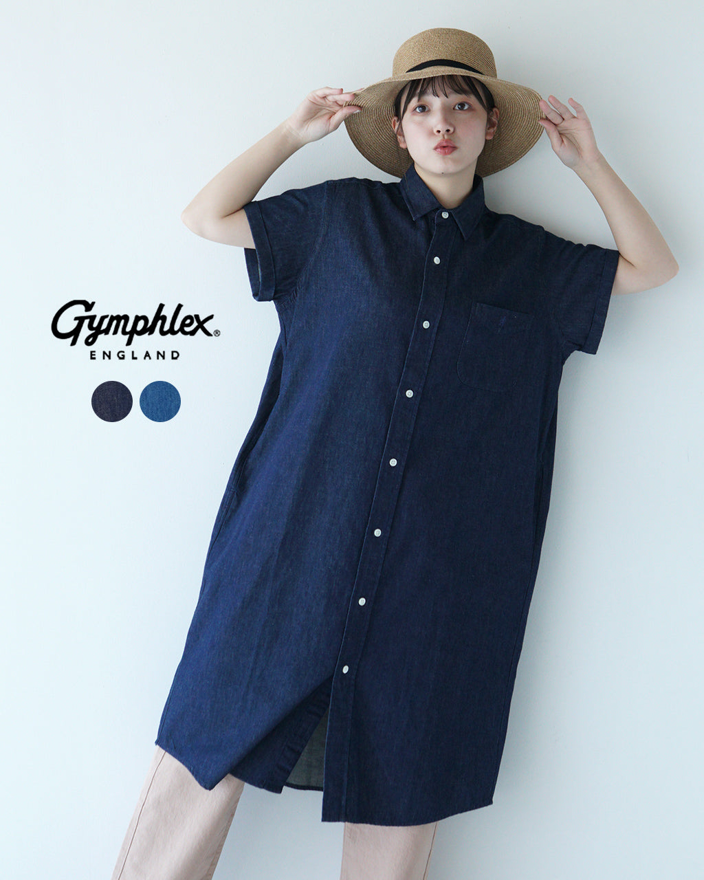 【先行予約：2025年4月上旬頃入荷予定】Gymphlex ジムフレックス デニム シャツワンピース REGULAR COLLAR SHIRT DRESS レギュラーカラー 半袖 GY-B0243SDM【クーポン対象外】【送料無料】