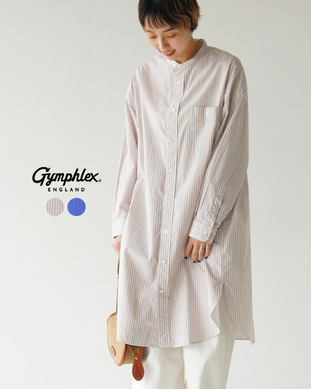 ＼早得24時間限定ポイント10倍／Gymphlex ジムフレックス バンドカラー シャツ ワンピース BAND COLLAR SHIRT DRESS ロングスリーブ ストライプ GY-G0064 PSE 羽織 長袖 コットン【送料無料】