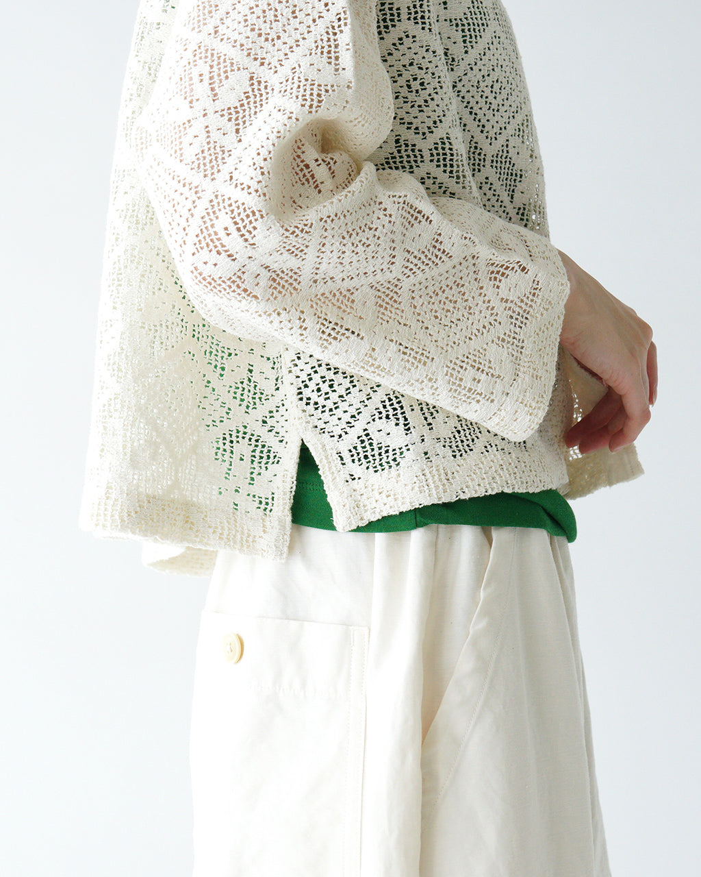 INDIA INDUSTRIES インディアインダストリーズ レース シャツカーディガン SHIRT CARDIGAN 透かし編み ドロップショルダー ノーカラー  ND-B0377 DFL【送料無料】
