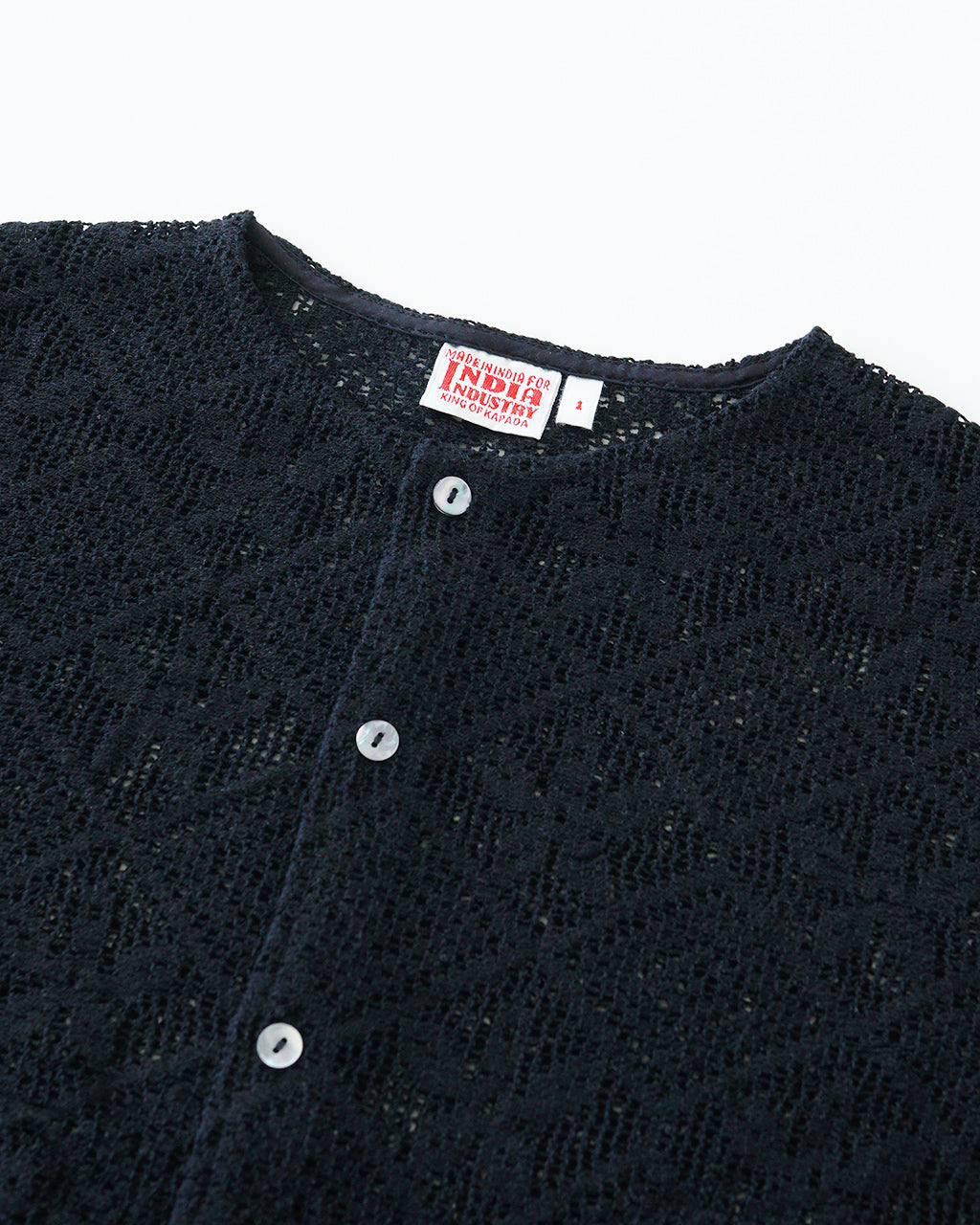 INDIA INDUSTRIES インディアインダストリーズ レース シャツカーディガン SHIRT CARDIGAN 透かし編み ドロップショルダー ノーカラー  ND-B0377 DFL【送料無料】