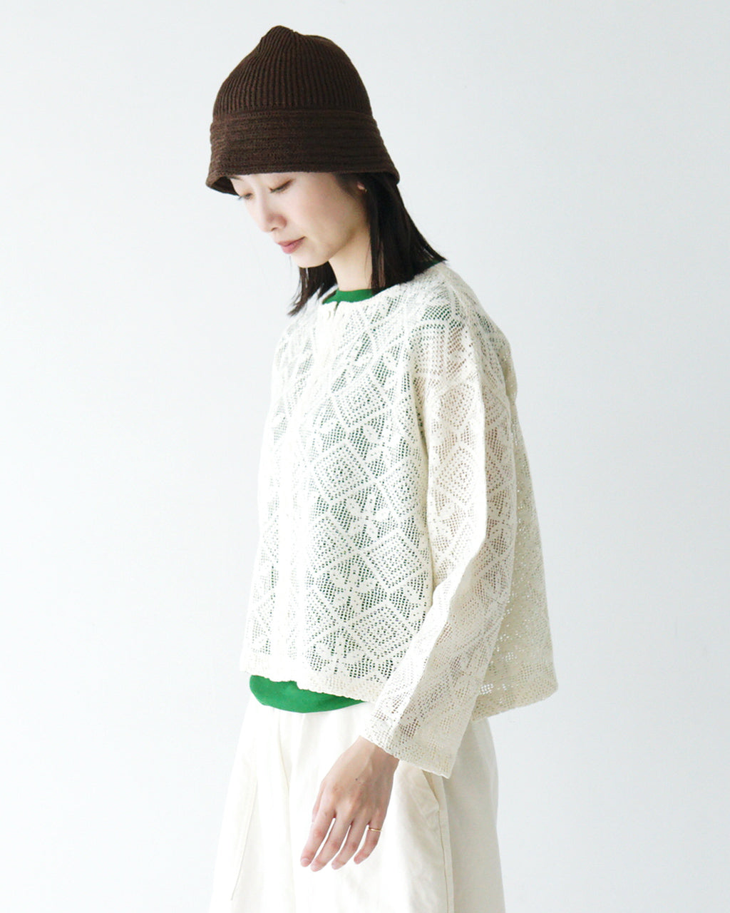 INDIA INDUSTRIES インディアインダストリーズ レース シャツカーディガン SHIRT CARDIGAN 透かし編み ドロップショルダー ノーカラー  ND-B0377 DFL【送料無料】