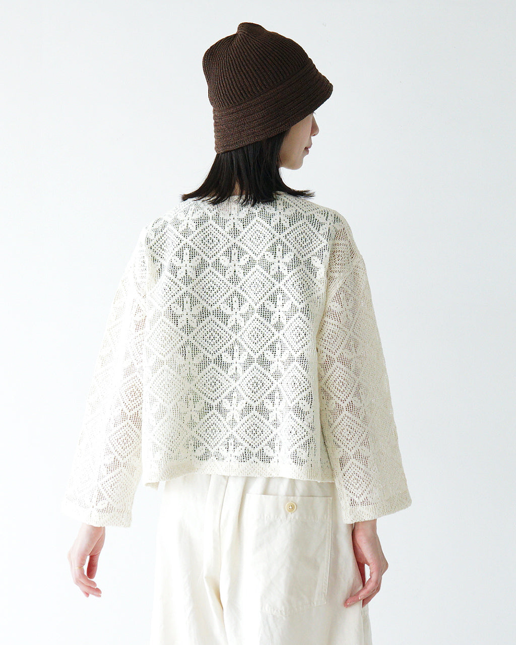 INDIA INDUSTRIES インディアインダストリーズ レース シャツカーディガン SHIRT CARDIGAN 透かし編み ドロップショルダー ノーカラー  ND-B0377 DFL【送料無料】