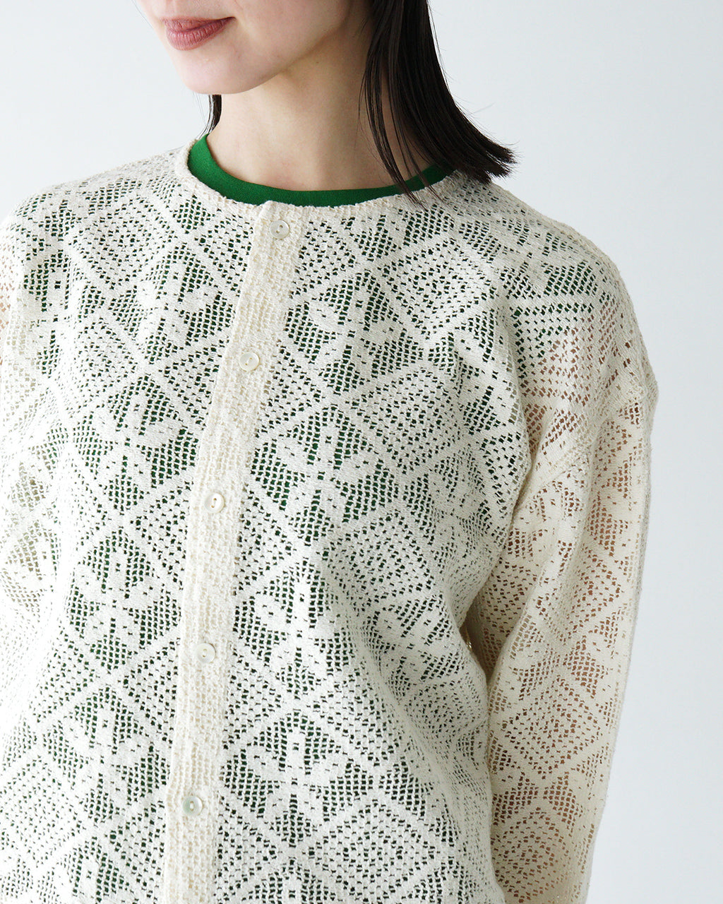 INDIA INDUSTRIES インディアインダストリーズ レース シャツカーディガン SHIRT CARDIGAN 透かし編み ドロップショルダー ノーカラー  ND-B0377 DFL【送料無料】