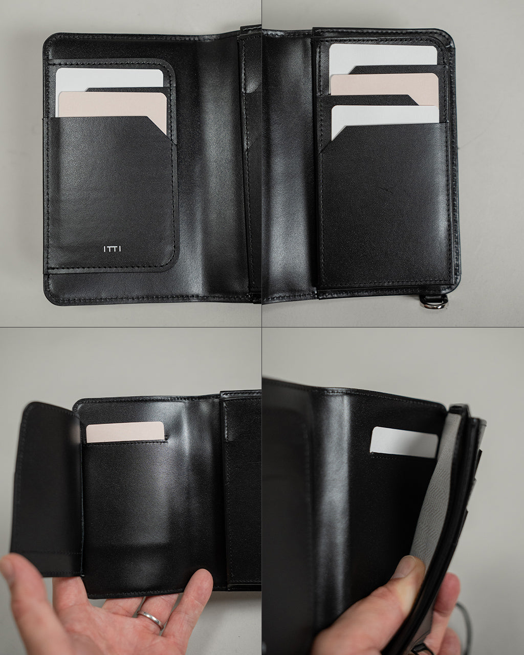 黒のクロコダイルレザー長財布。内側にカードポケットと札入れが並び、前部の小ポケットにはITTIロゴ入り。小銭入れは内側に配置され、ハンドル型のDカン金具が付属する仕様が見える。