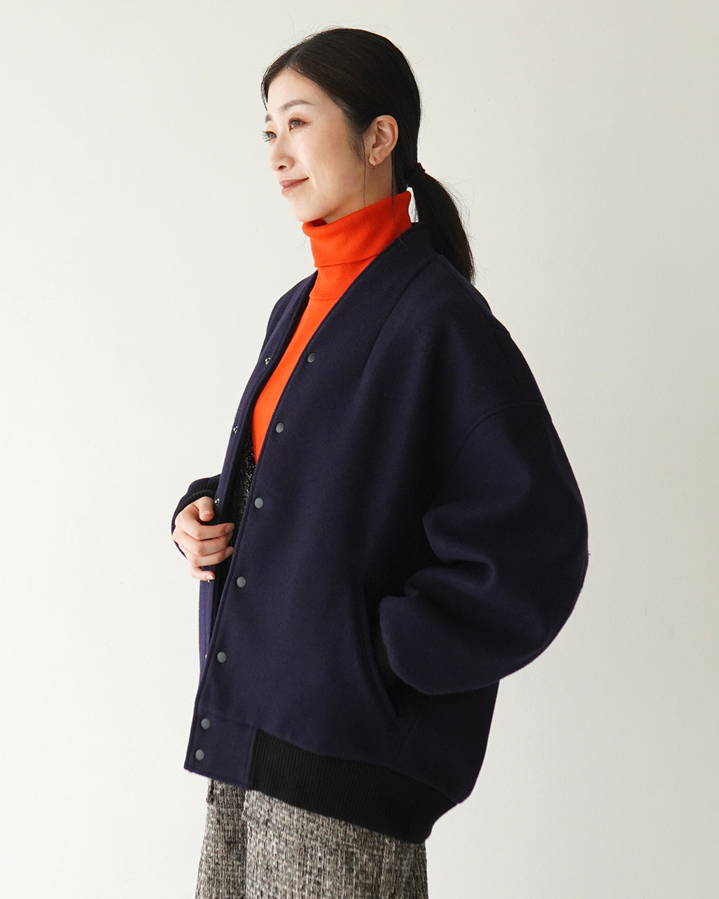 【SALE！30%OFF】KHA:KI カーキ ノーカラージャケット レディース COLLARLESS VARSITY JACKET カラーレス アウター スタジャン MIL23FJK3210 0925