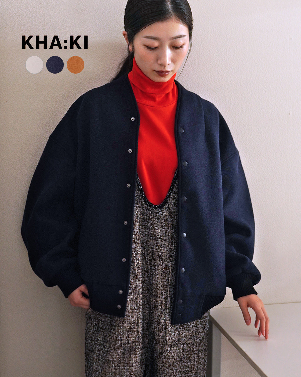 KHA:KI カーキ ノーカラージャケット レディース COLLARLESS VARSITY JACKET カラーレス アウター スタジャン MIL23FJK3210 0925