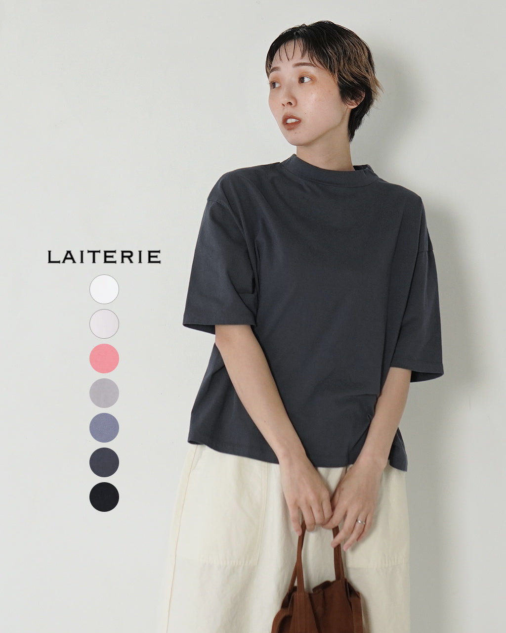 LAITERIE レイトリー USE 天竺 モックネック 5分袖 プルオーバー Tシャツ カットソー LC20102a-WA 綿100％ 日本製【クーポン対象外】